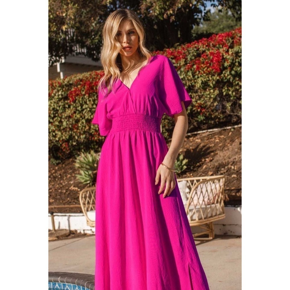NWT Oddy Bright Pink Wrap Maxi Dress Smocked Waist Tie Back Detail Flowy Sleeve